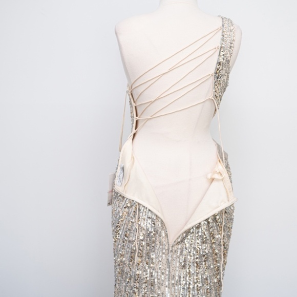 Mac Duggal. Sequined One Shoulder‎ Draped Lace Up Gown. - Picture 15 of 15
